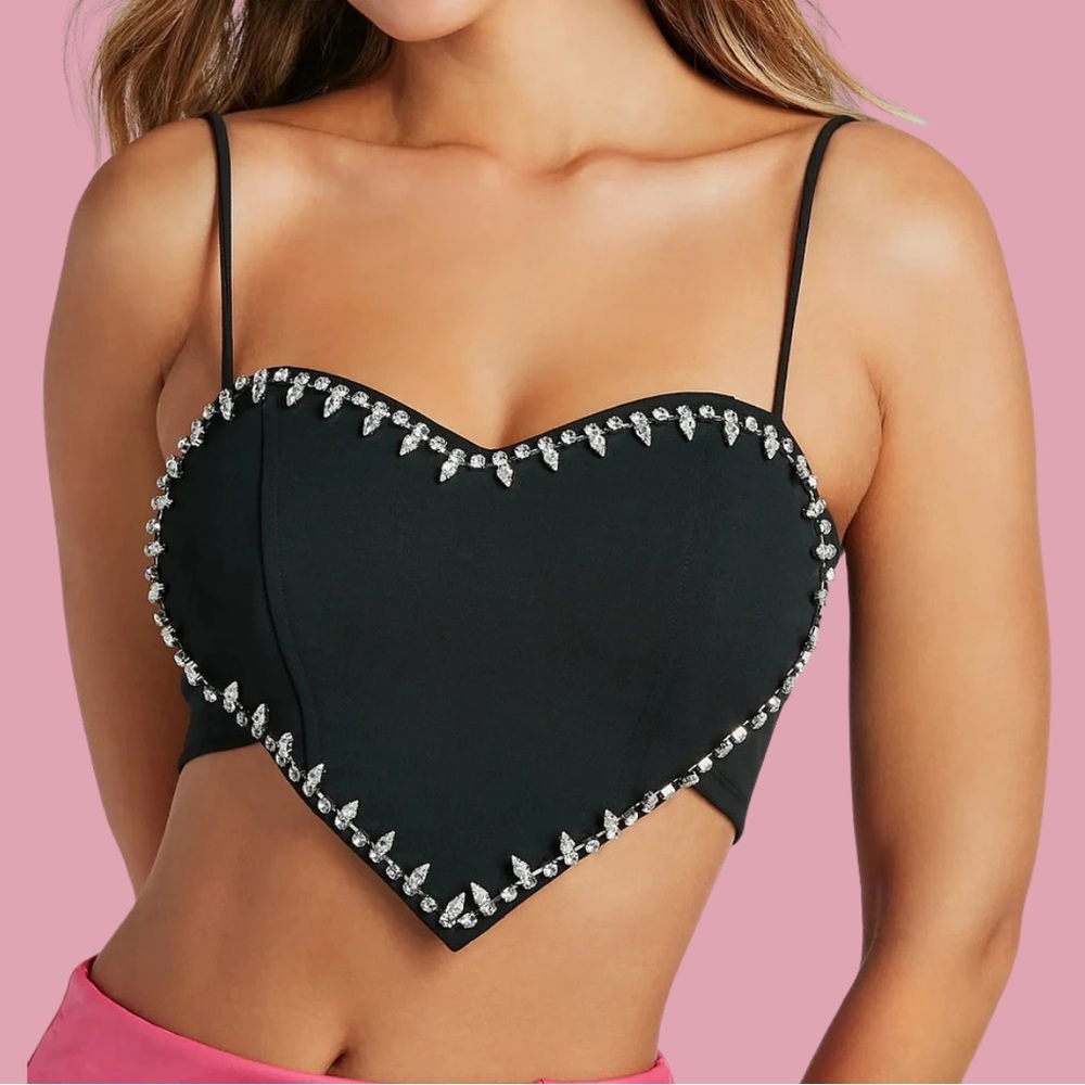 gothic clubcore heart shaped crop top with rhinestone details